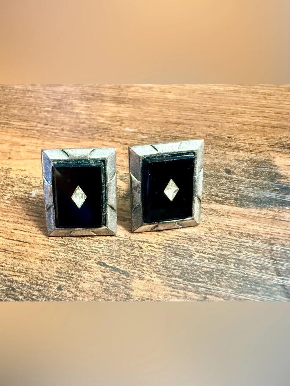Men's Black Onyx Rectangle Cufflinks with Silver Frame